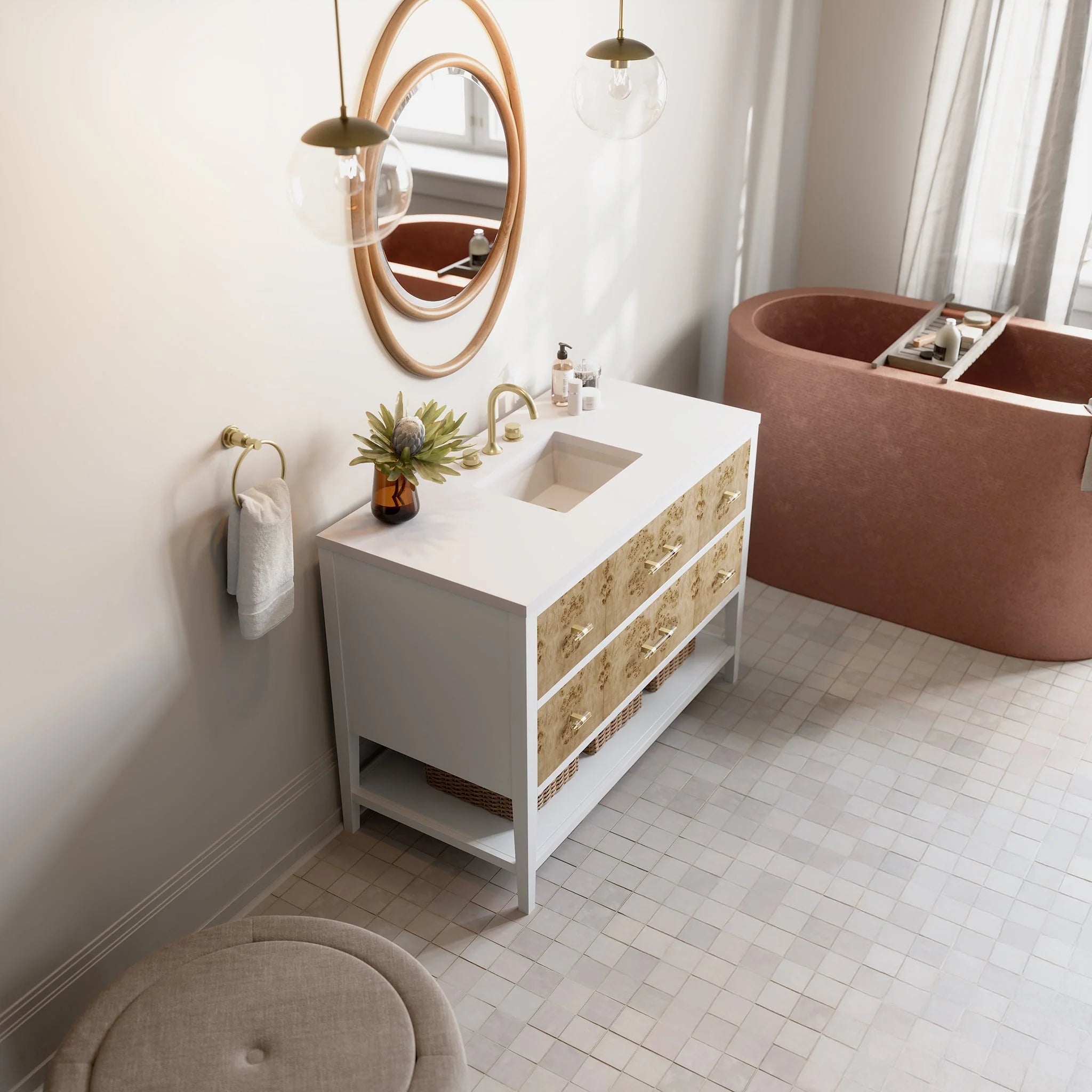 Olena Single Vanity, Light Mappa Burl and Polished White w/ 3 CM White Zeus Silestone Top