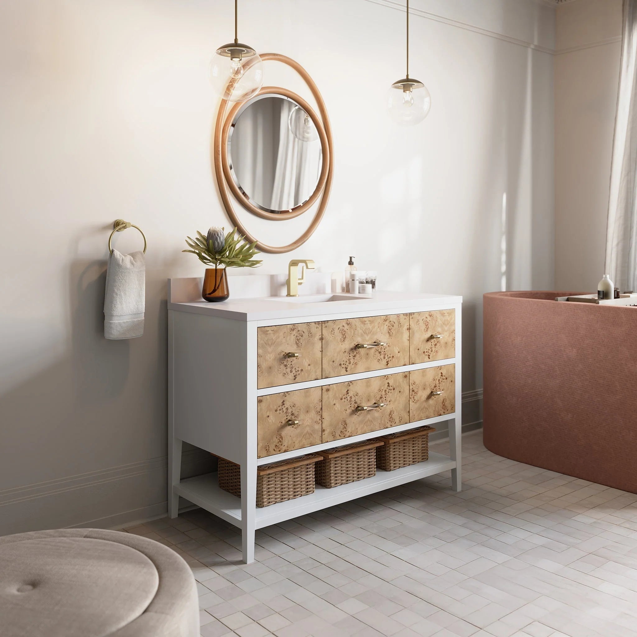 Olena Single Vanity, Light Mappa Burl and Polished White w/ 3 CM White Zeus Silestone Top