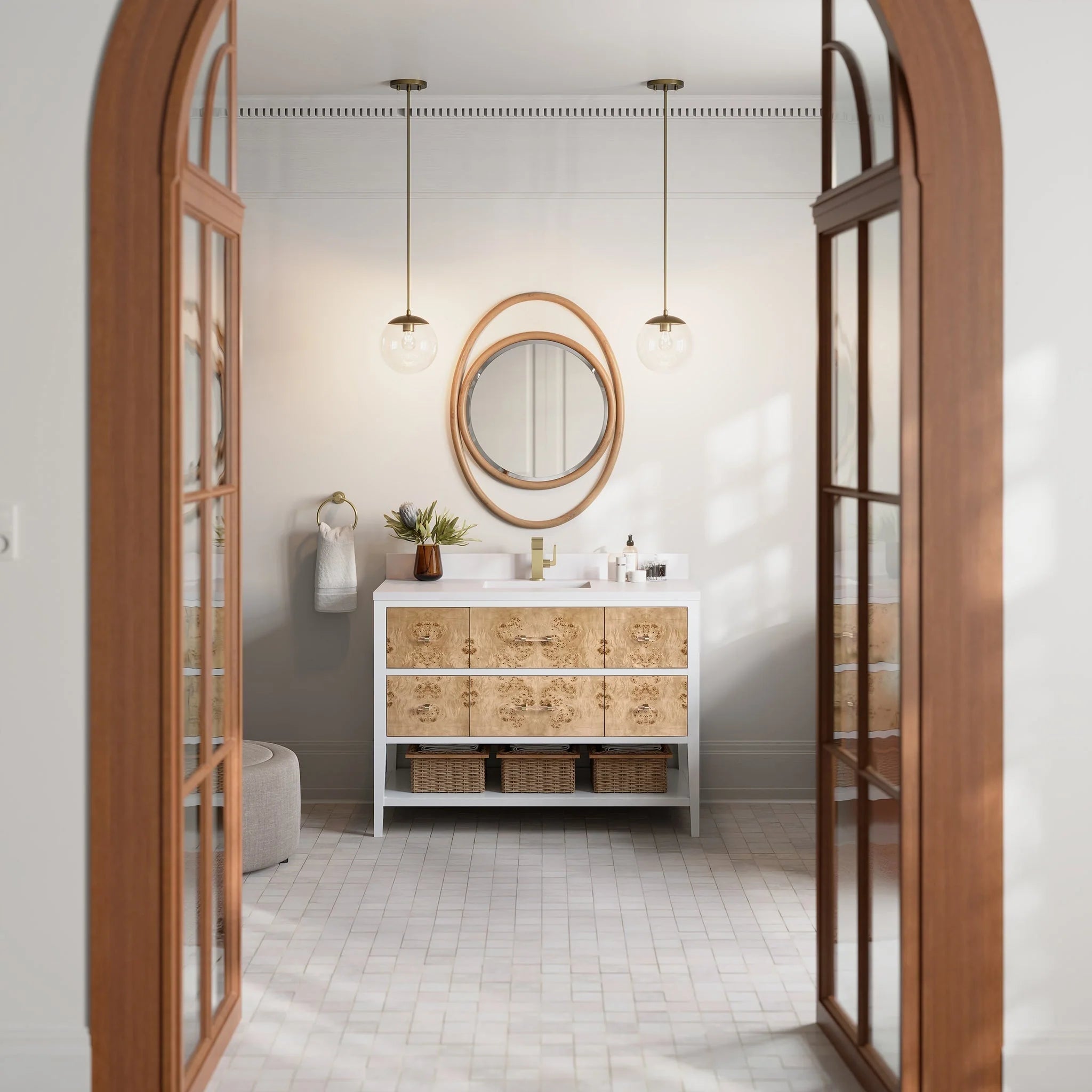Olena Single Vanity, Light Mappa Burl and Polished White w/ 3 CM White Zeus Silestone Top