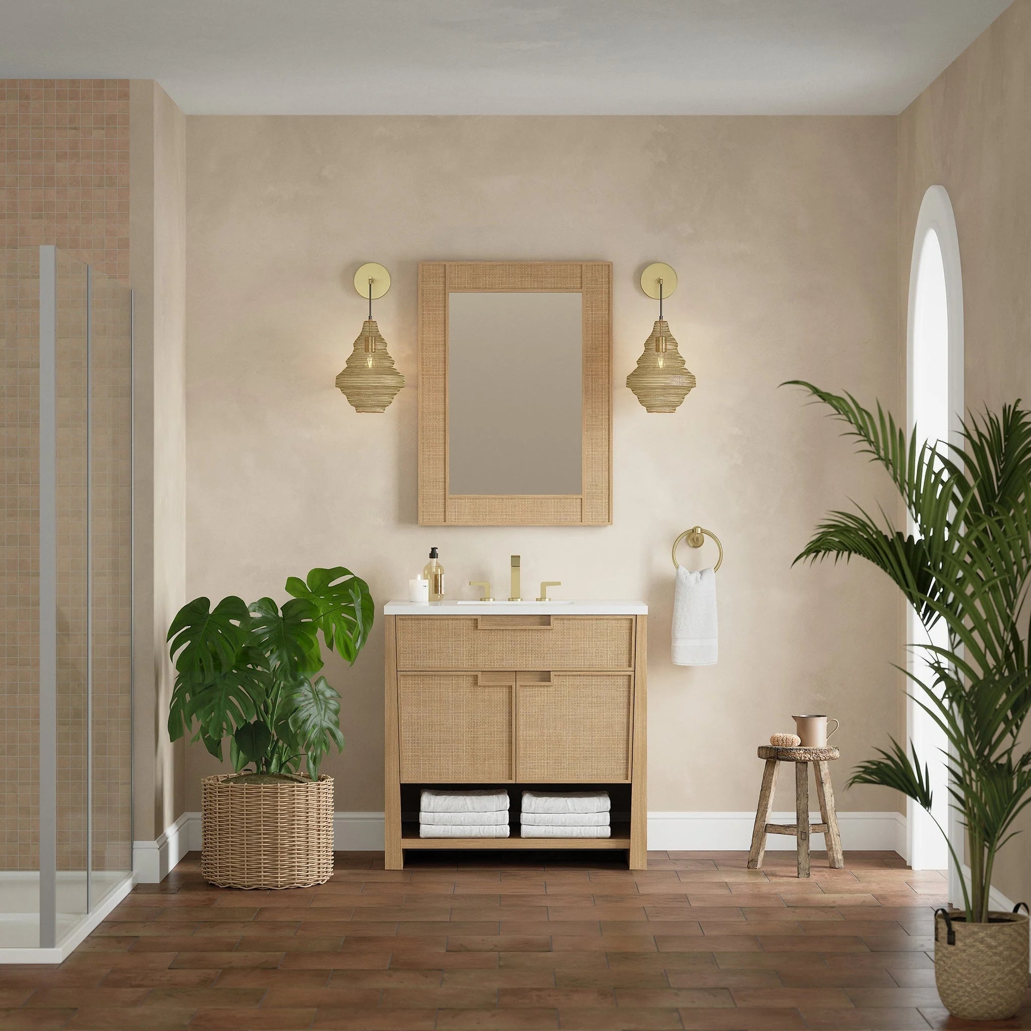 Solene Single Vanity, Seaside Oak, w/ 3 CM White Zeus Quartz Top