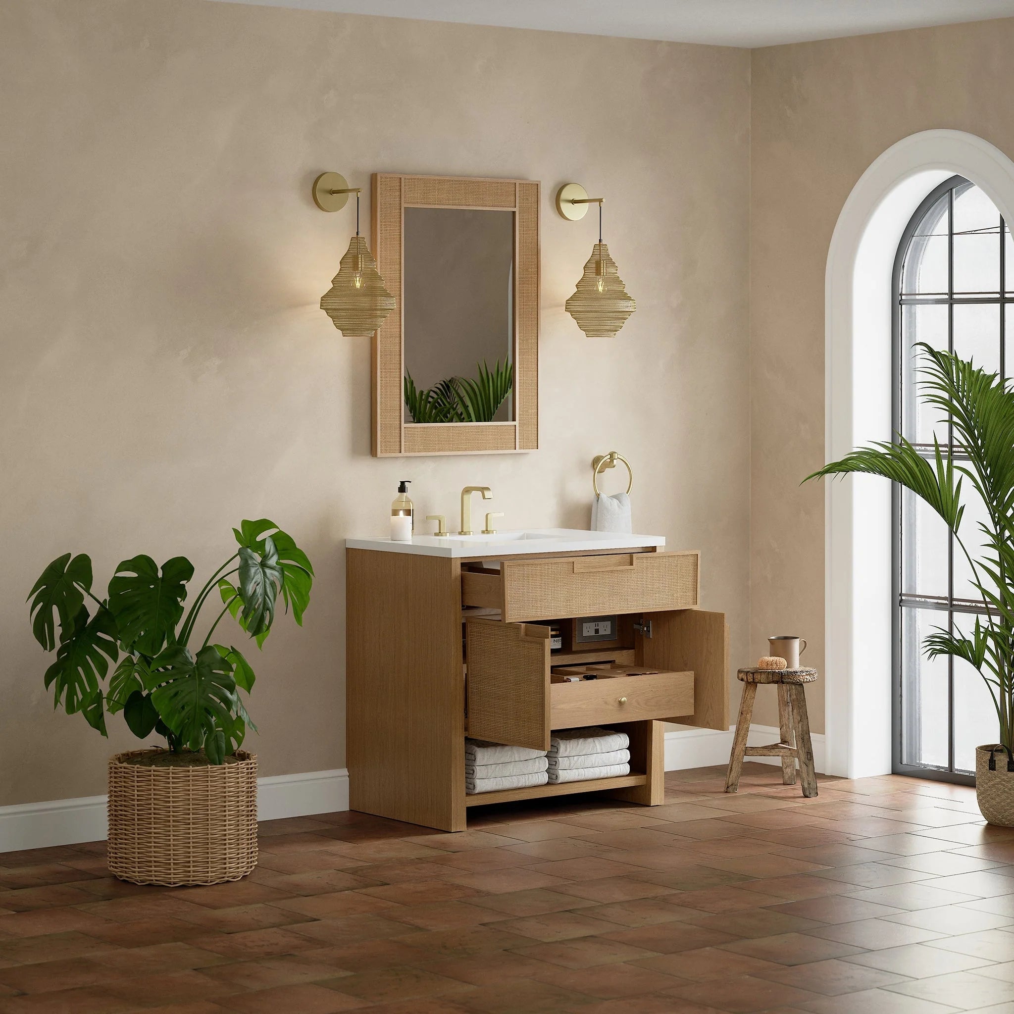 Solene Single Vanity, Seaside Oak, w/ 3 CM White Zeus Quartz Top