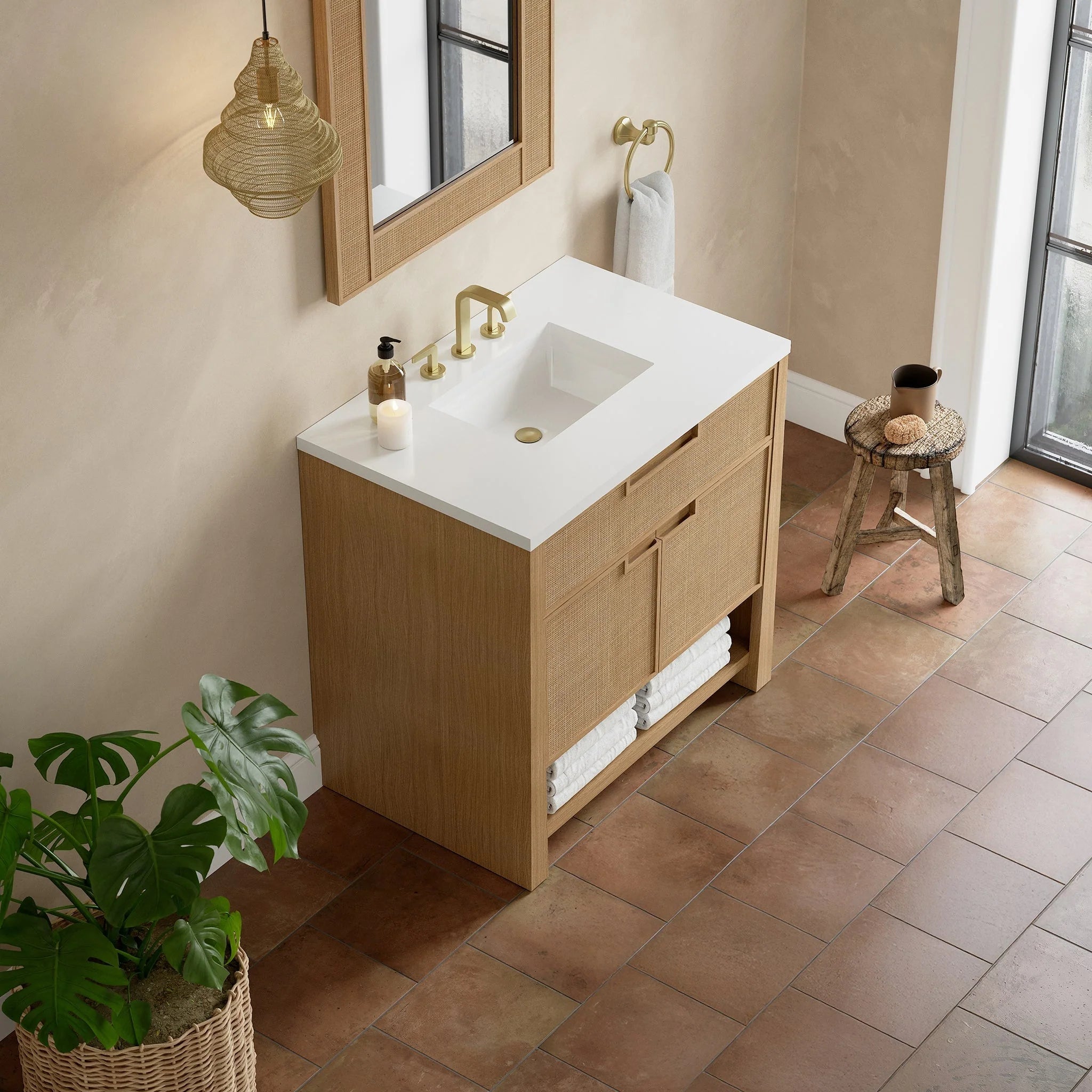 Solene Single Vanity, Seaside Oak, w/ 3 CM White Zeus Quartz Top