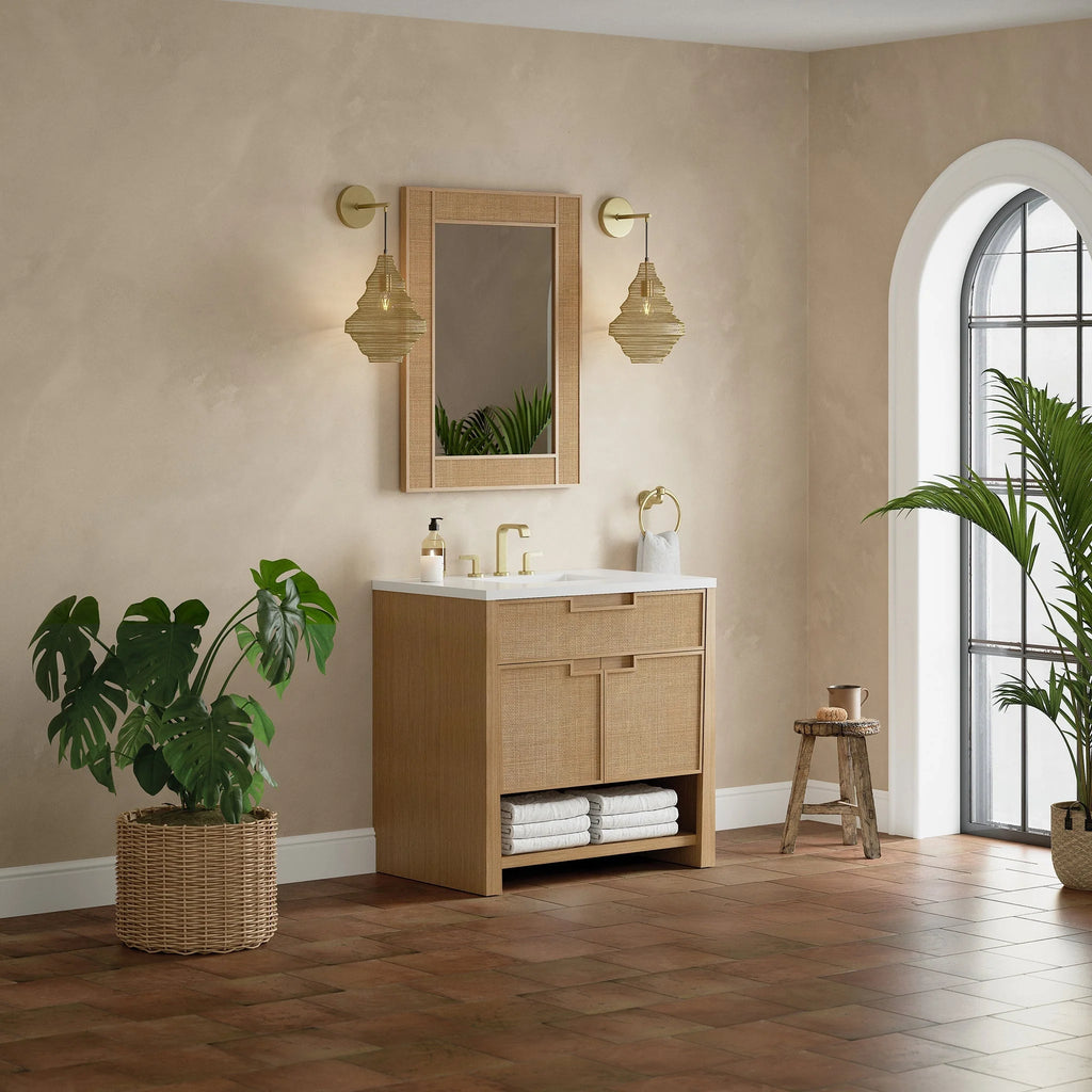 Solene Single Vanity, Seaside Oak, w/ 3 CM White Zeus Quartz Top