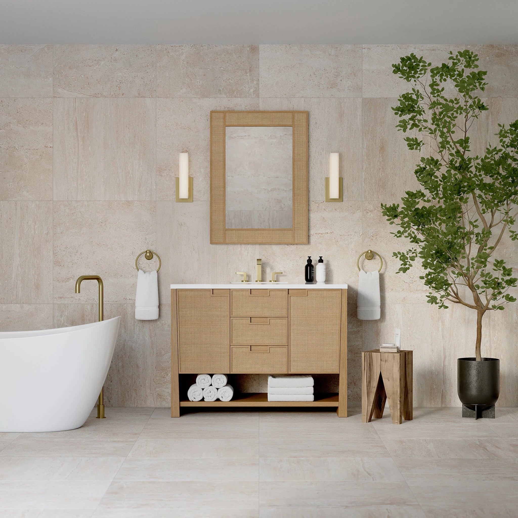 Solene Single Vanity, Seaside Oak, w/ 3 CM White Zeus Quartz Top