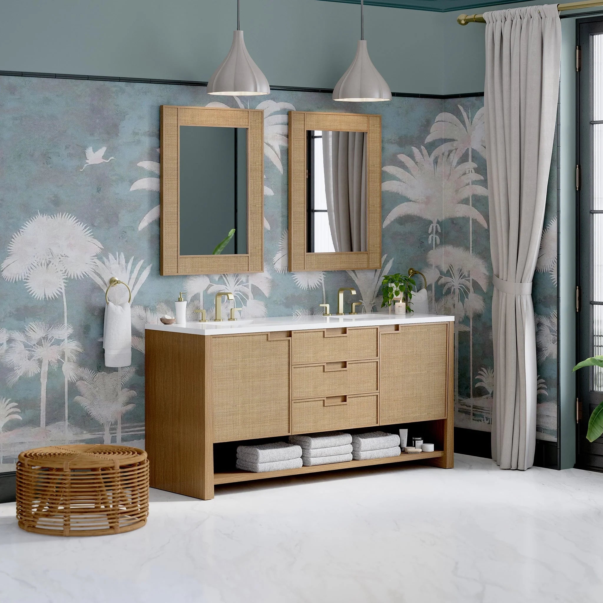 Solene 72" Double Vanity, Seaside Oak, w/ 3 CM White Zeus Quartz Top