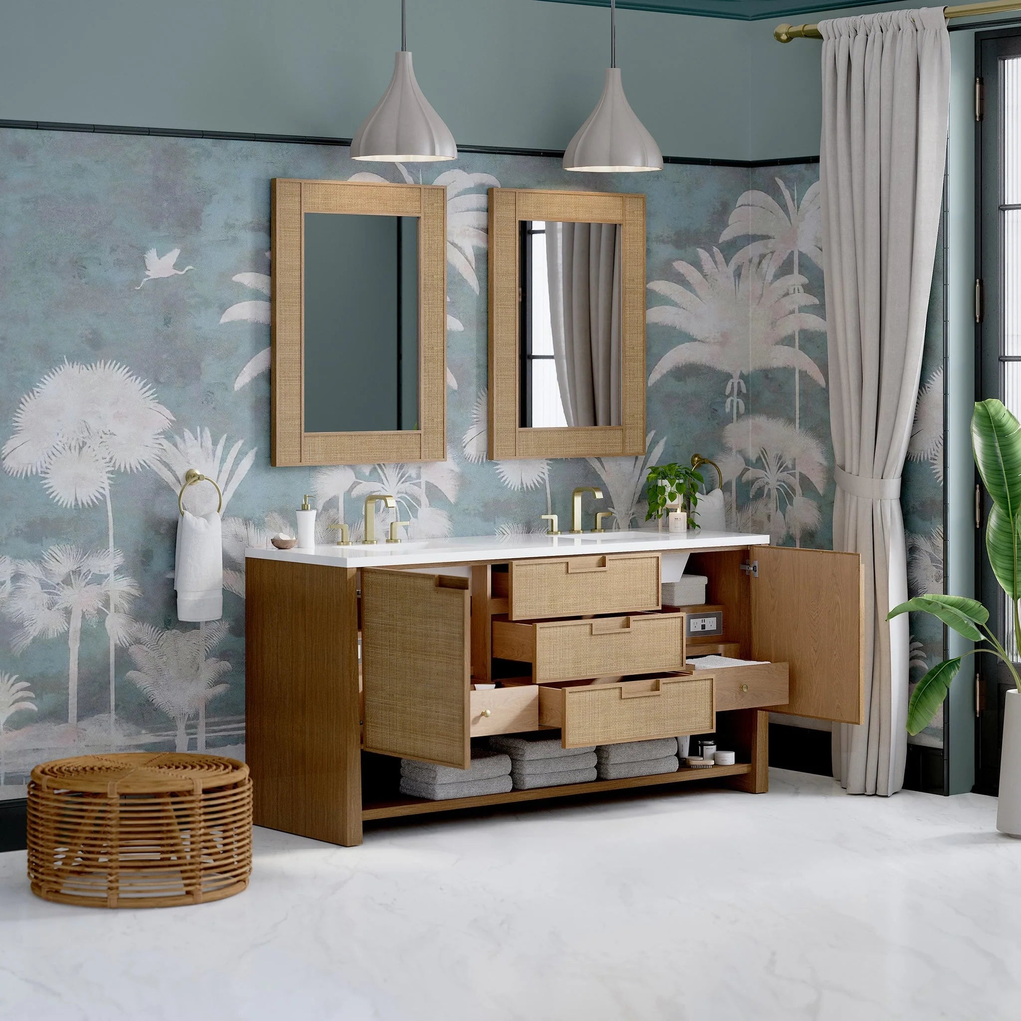 Solene 72" Double Vanity, Seaside Oak, w/ 3 CM White Zeus Quartz Top