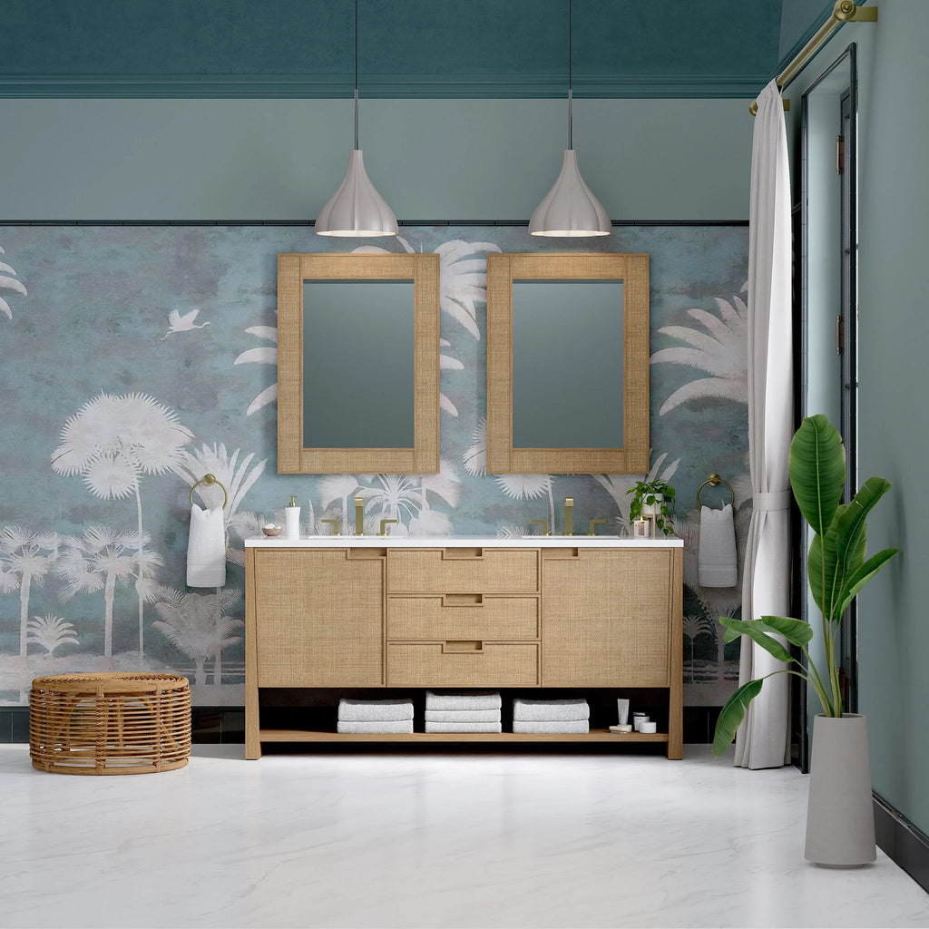 Solene 72" Double Vanity, Seaside Oak, w/ 3 CM White Zeus Quartz Top