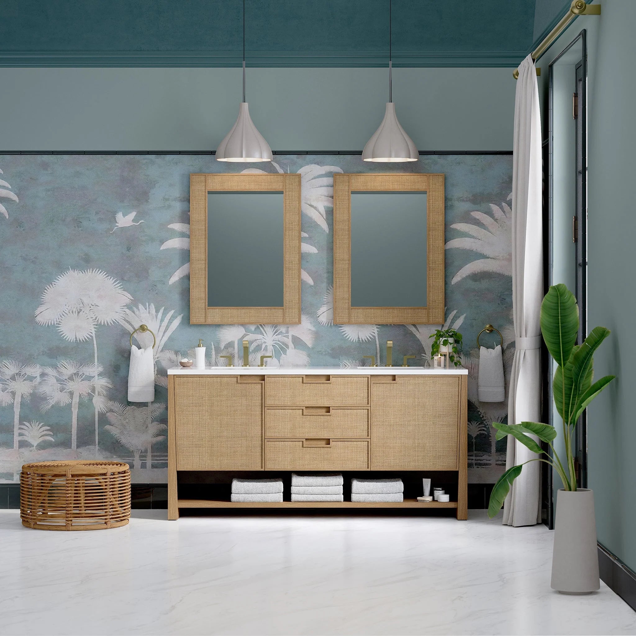 Solene 72" Double Vanity, Seaside Oak, w/ 3 CM White Zeus Quartz Top