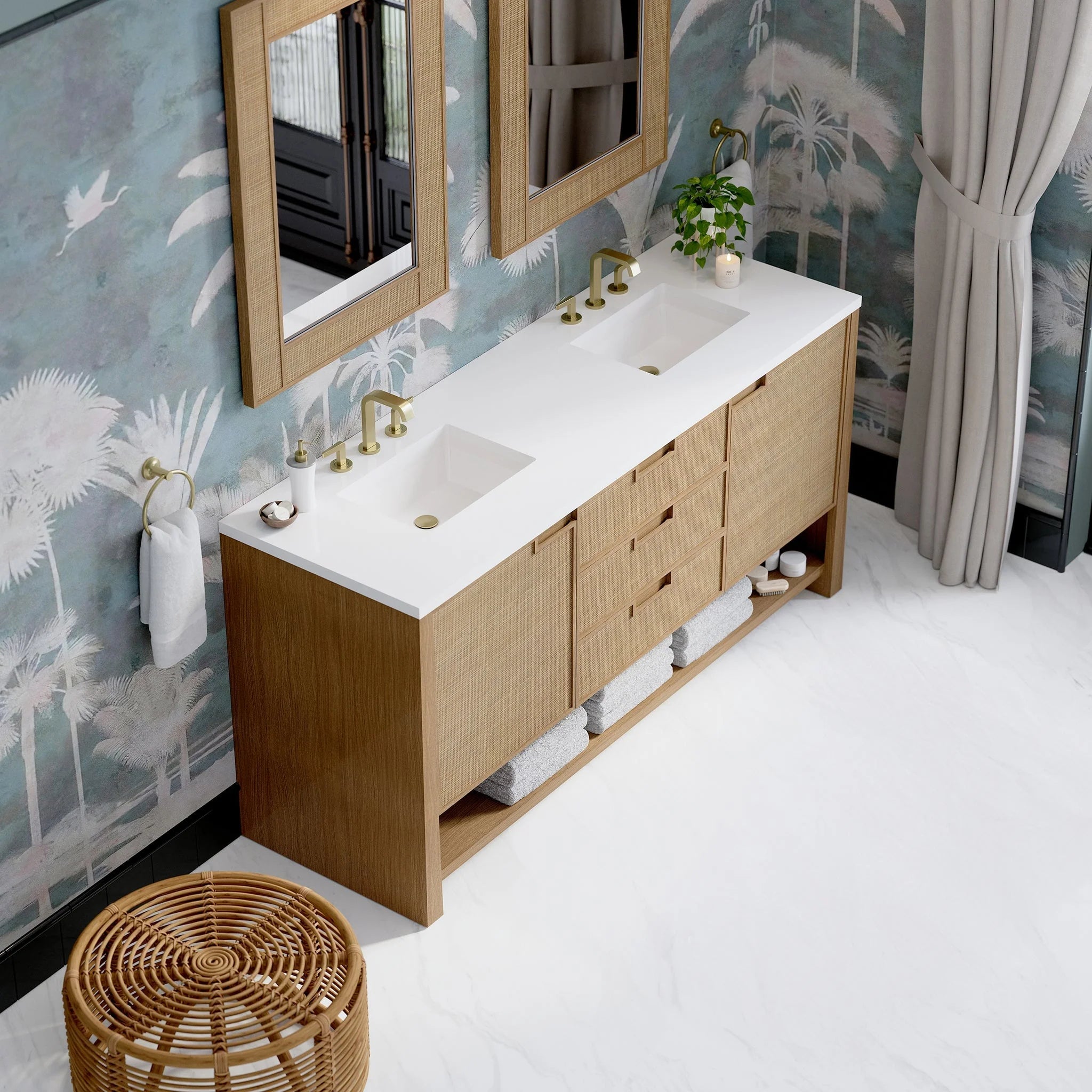 Solene 72" Double Vanity, Seaside Oak, w/ 3 CM White Zeus Quartz Top